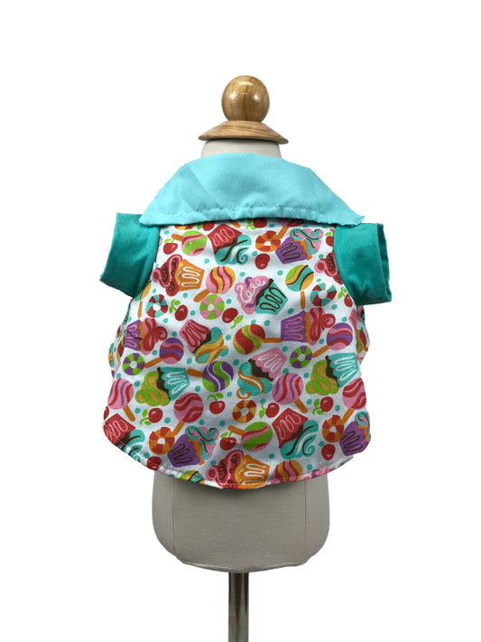 Sweet Shop candy print dog shirt on a mannequin with turquoise collar and sleeve cuffs