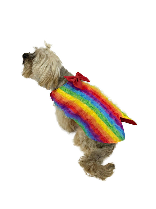 Profile of tan dog showing layered rainbow tulle vest and red bow at the back neckline
