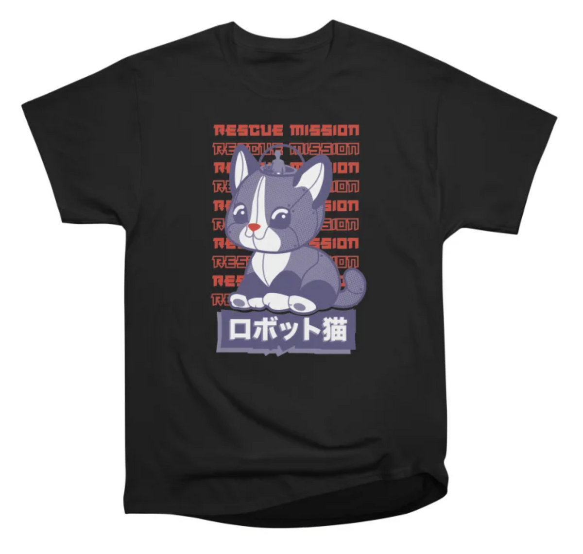 Black adult Rescue Mission Robot Cat graphic T-shirt with purple robot cat design