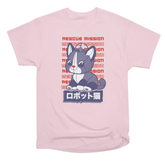 Pink adult Rescue Mission Robot Cat graphic T-shirt with purple robot cat design