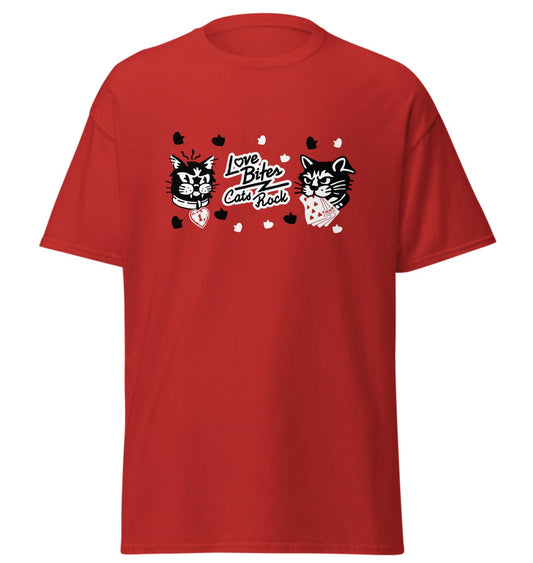 Red Love Bites Cats Rock graphic T-shirt featuring two illustrated cats in bandanas