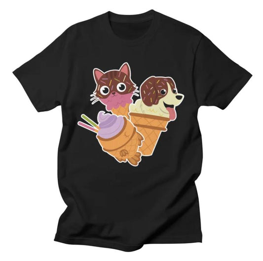 Ice Cream Pets graphic T-shirt featuring cat, dog and fish-inspired ice cream artwork