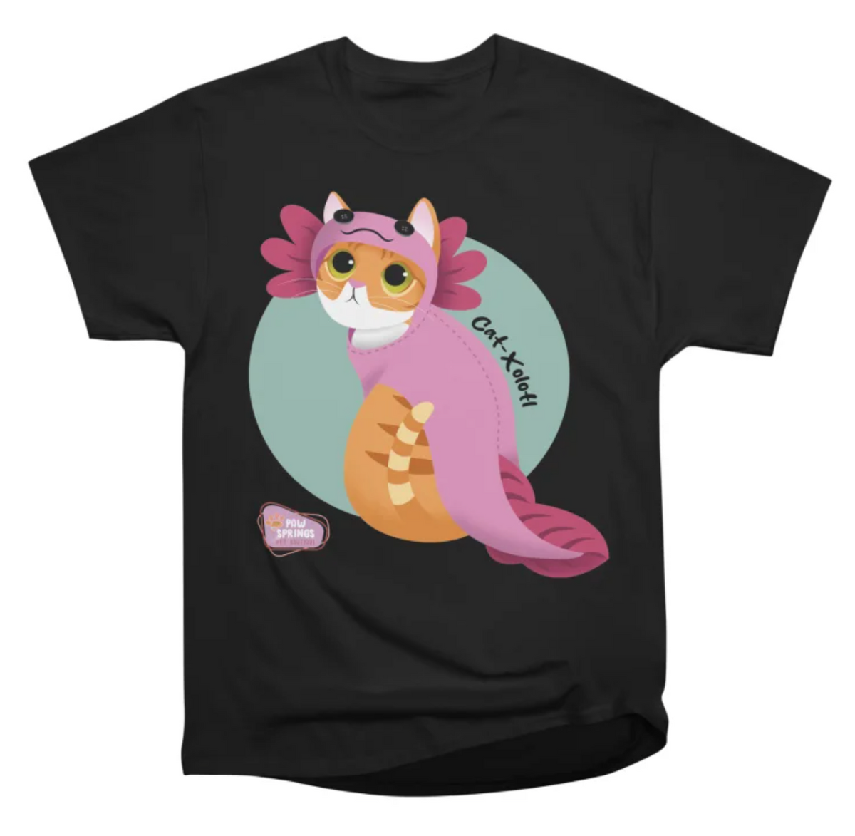 Black Cat-Xolotl Pawsprings graphic T-shirt featuring an orange cat with pink axolotl details