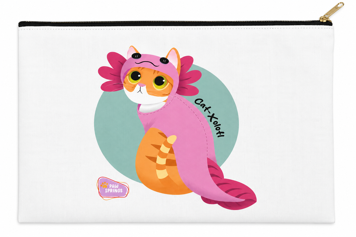 White zipper pouch with black zipper, gold pull and original Cat-Xolotl artwork by Pawsprings