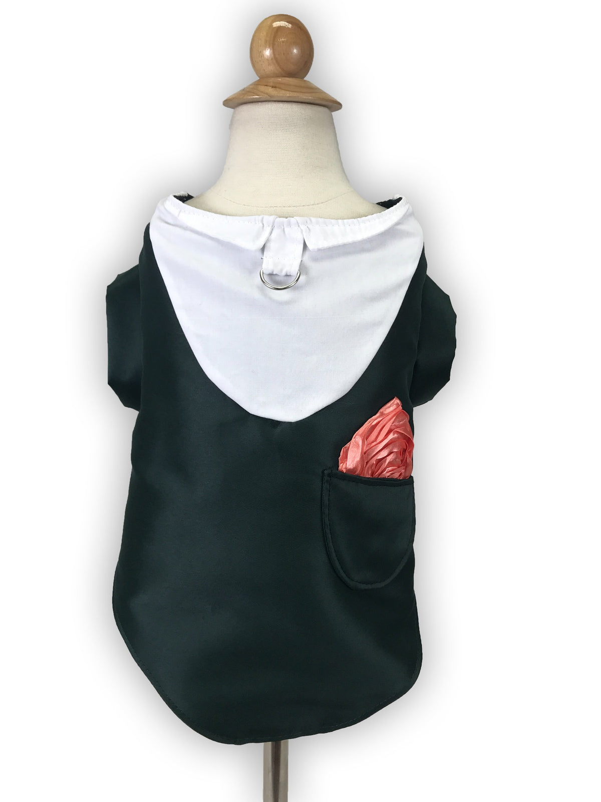 Back view of Evergreen Elegance green dog shirt with white collar, decorative loop and coral-pink fabric pocket accent