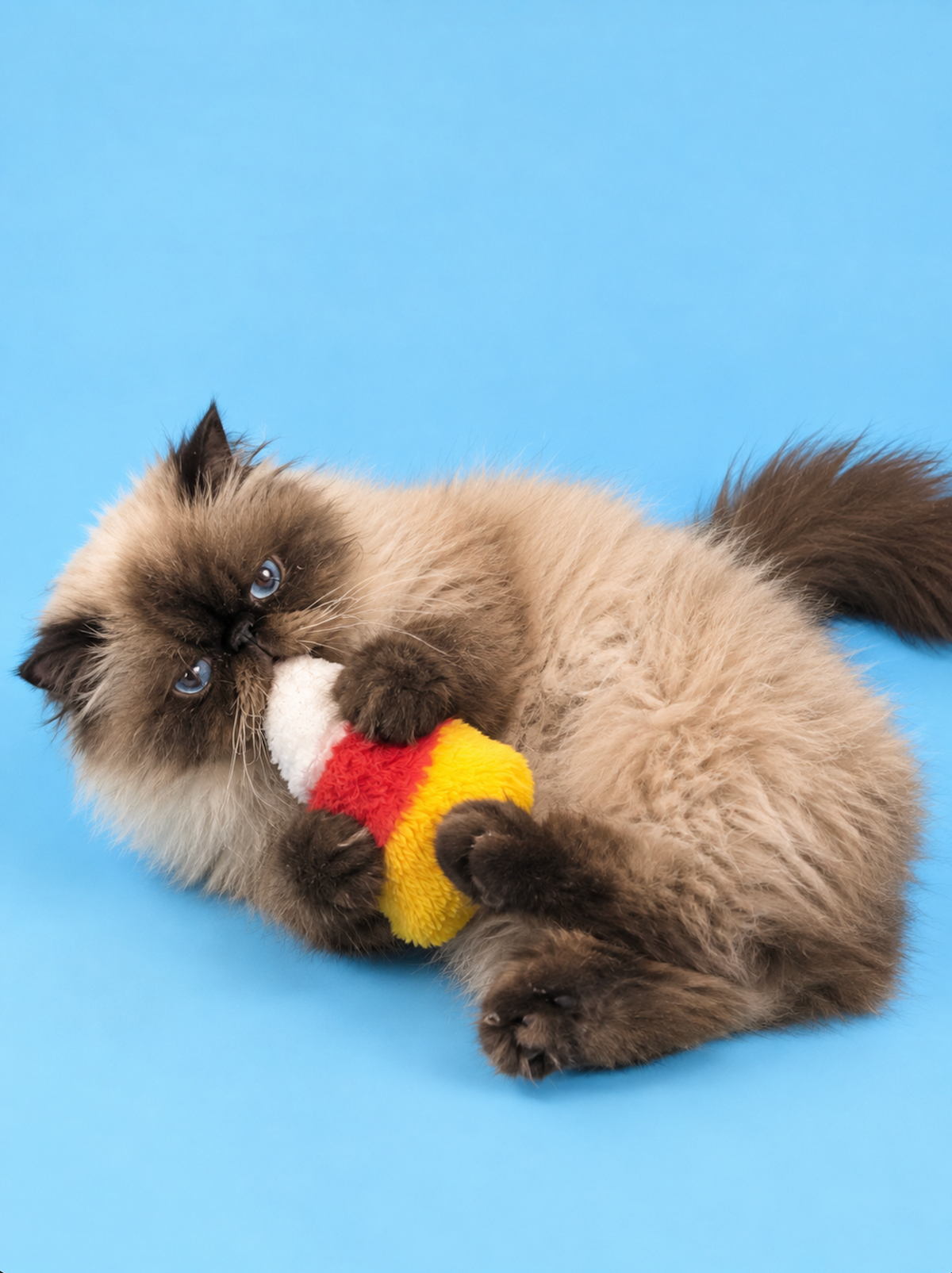 Fluffy blue-eyed cat playing with colorful red yellow and white Halloween candy corn refillable catnip plush toy