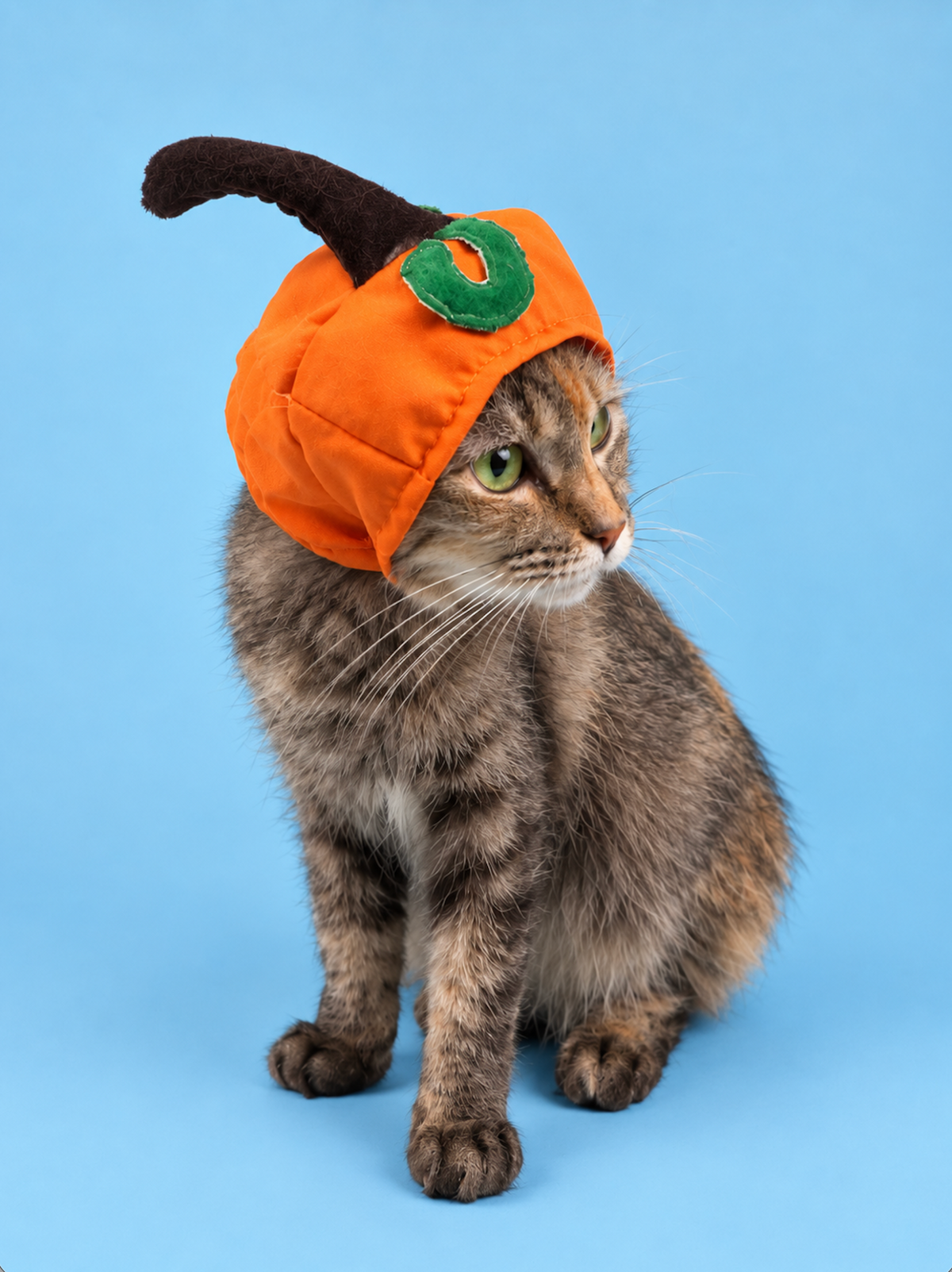 Brown tabby cat modeling orange pumpkin Halloween hat with plush dark brown stem and green felt vine against blue background