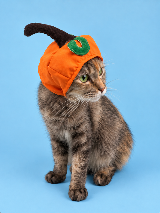 Brown tabby cat modeling orange pumpkin Halloween hat with plush dark brown stem and green felt vine against blue background