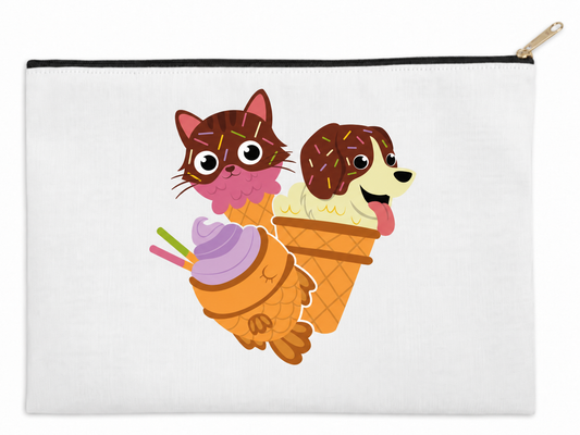 Ice Cream Pets white zipper pouch design mockup with illustrated cat, dog and fish ice cream cones