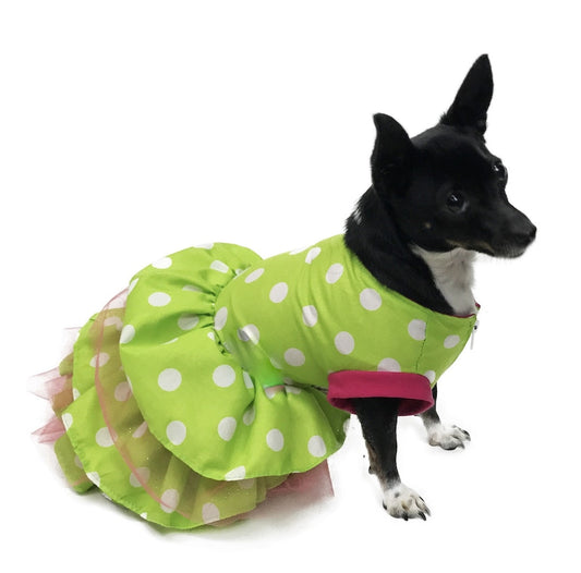Side view of green and white polka dot dog dress with layered pink tulle skirt, modeled by small black dog with no visible tag
