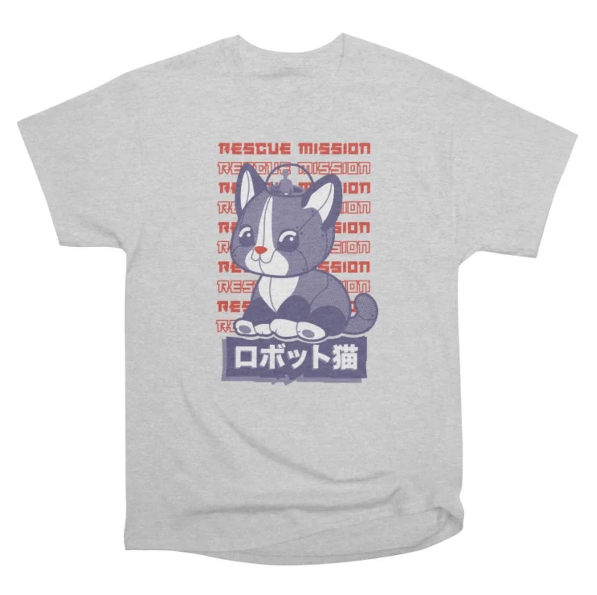Heather Gray adult Rescue Mission Robot Cat graphic T-shirt with purple robot cat design