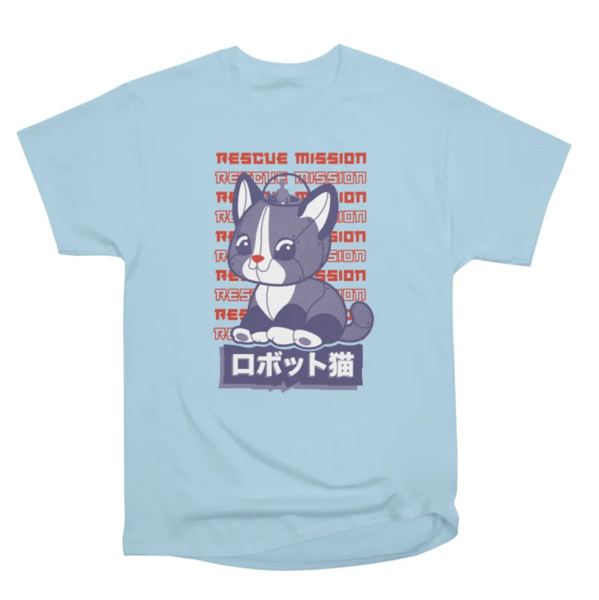 Powder Blue adult Rescue Mission Robot Cat graphic T-shirt with purple robot cat design