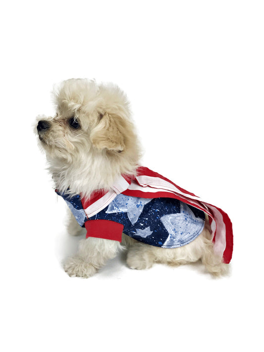 Cream fluffy dog wearing navy star-print dog shirt with red trim and striped cape, side view