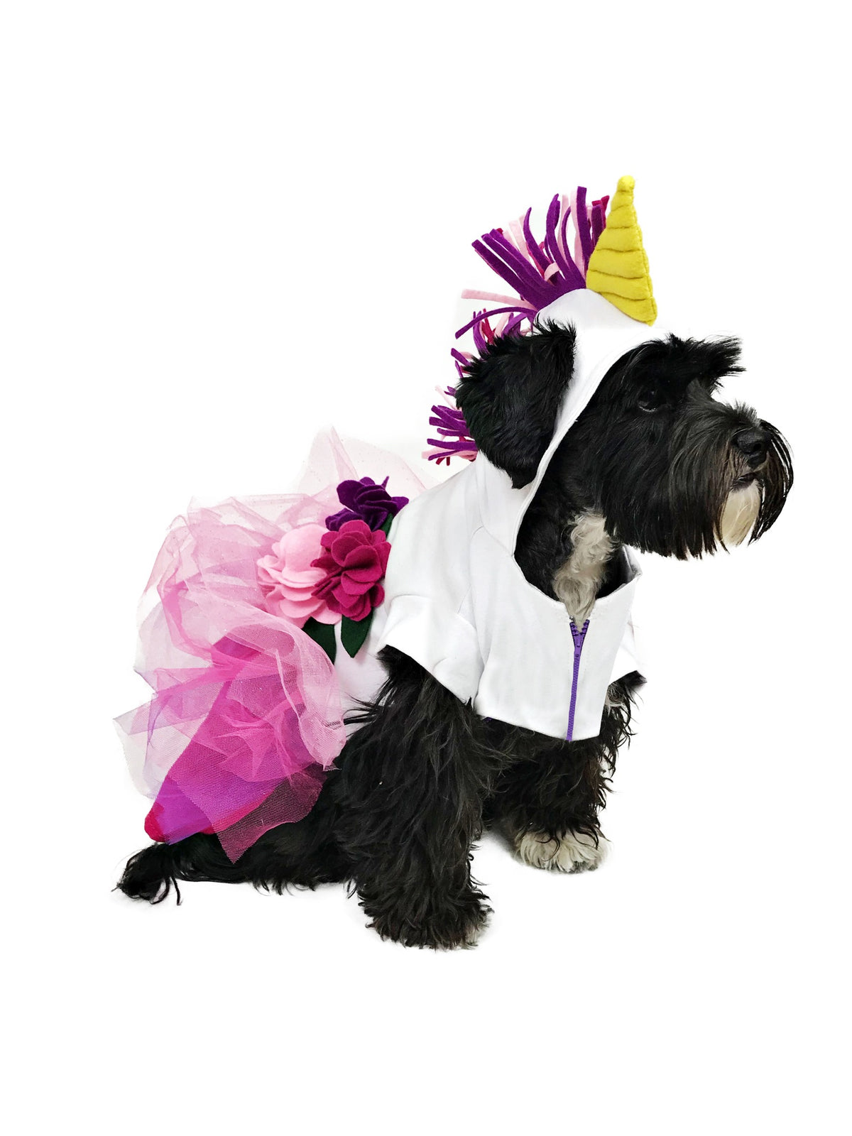Black dog modeling handmade white unicorn hooded dog costume with yellow horn, colorful mane, fabric flowers and layered pink purple tutu
